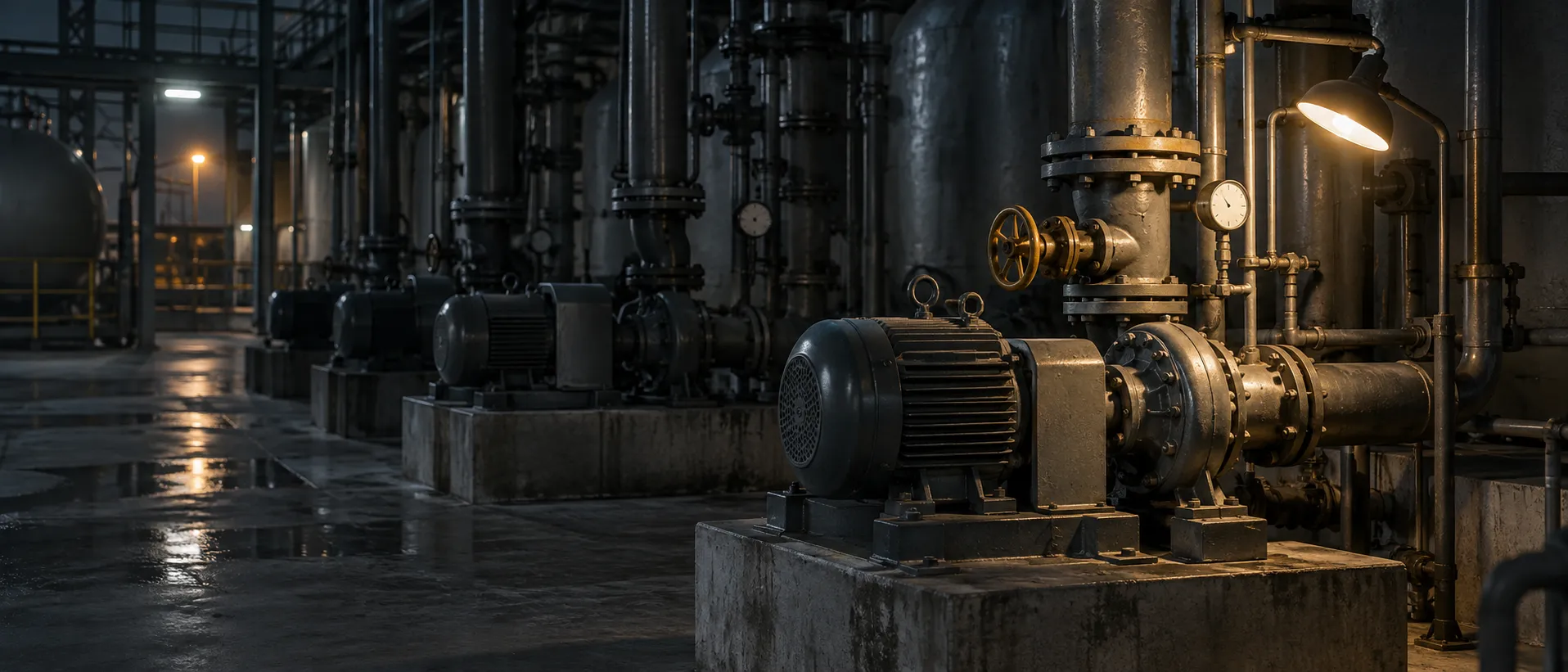 A row of pumps in a plant hall at night, one lit by a single work lamp.