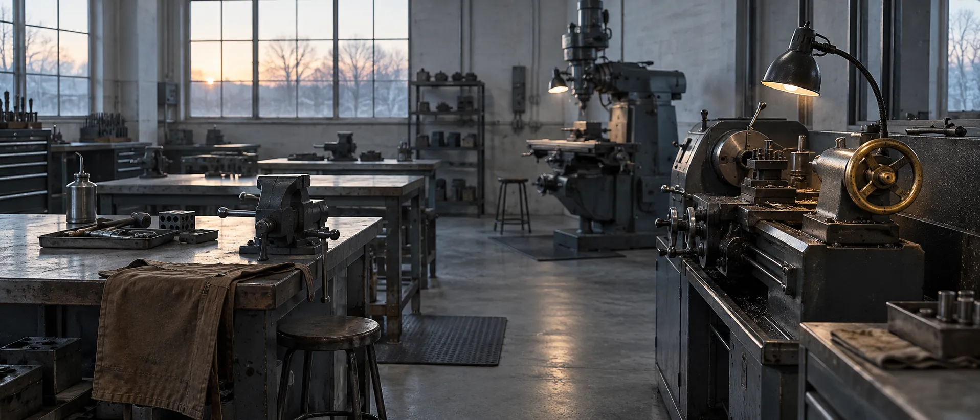 An empty training workshop at dawn with benches and machine tools.