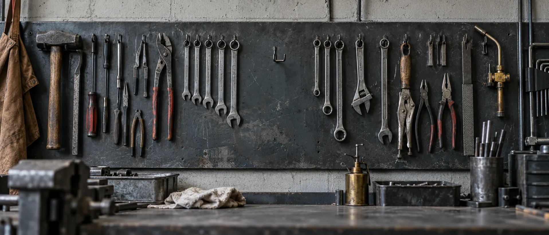A long tool wall in a maintenance shop with one empty hook.