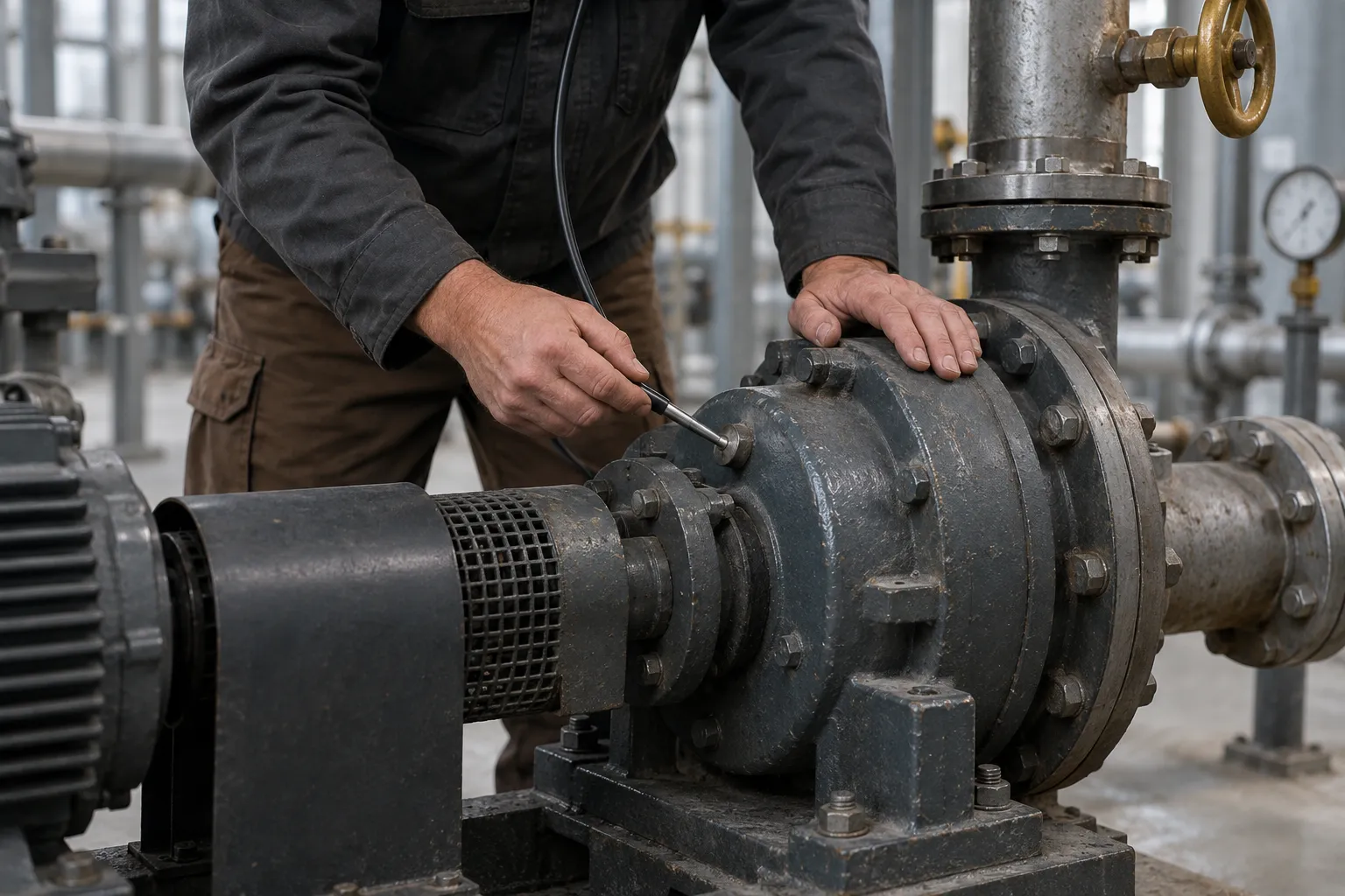 A technician's palm rests on a pump's bearing housing beside a mechanic's stethoscope, listening for a fault.
