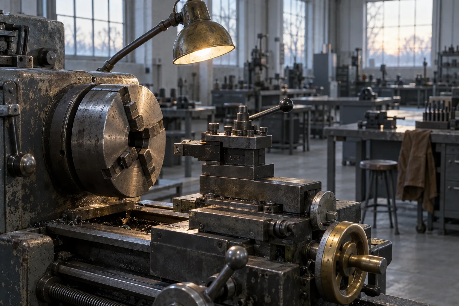 A lathe chuck under a work lamp in an empty training workshop at dawn.