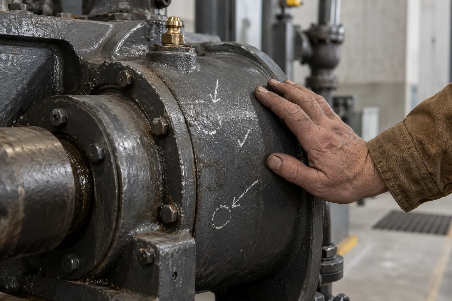 Chalk marks on the cast casing of a machine, with a hand resting beside them.