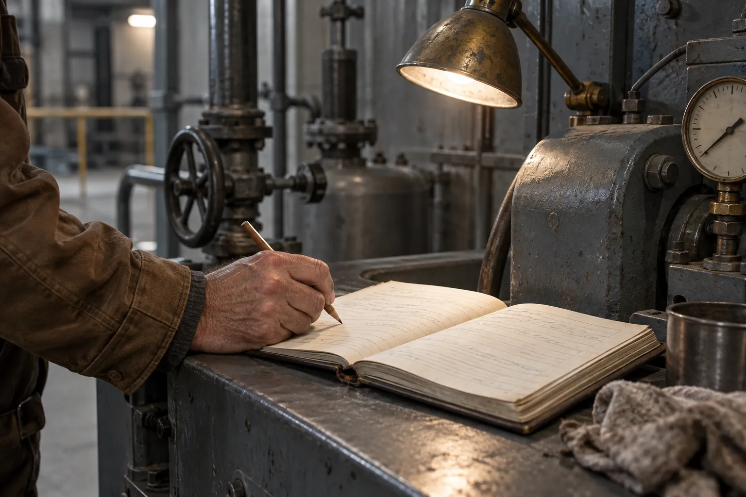 A worn shift logbook lies open on a machine ledge at night, a hand resting a pencil on the page.