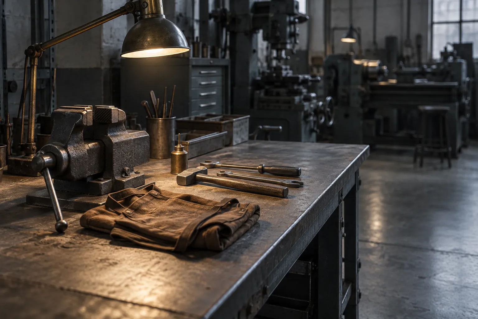 An empty workbench under a work lamp in a quiet maintenance shop.