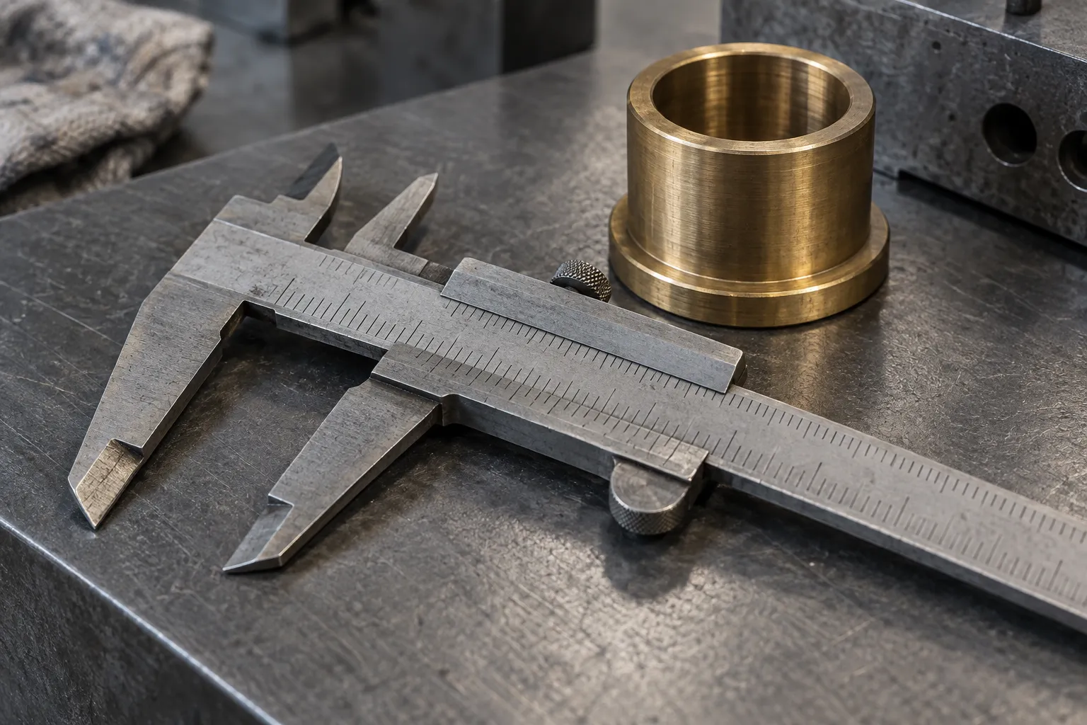Vernier calipers with blank scales resting on a ground steel plate.