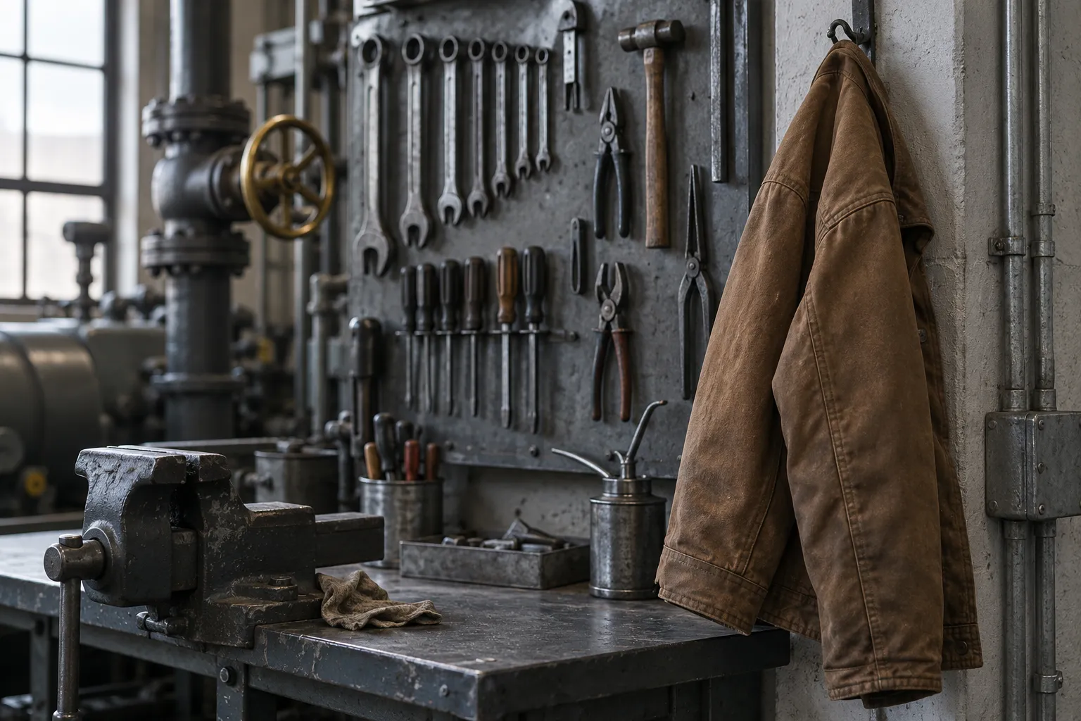 A brown canvas work jacket hangs on a hook beside a wall of worn tools.
