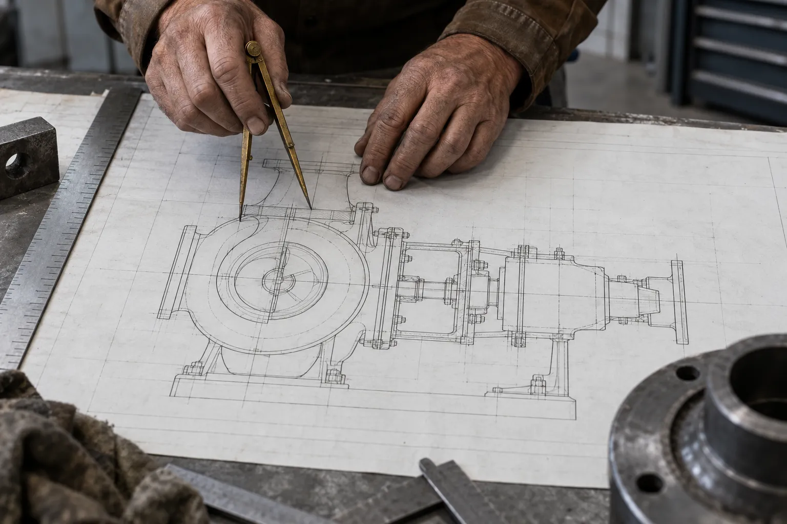 Hands hold brass dividers over a technical drawing of a pump.