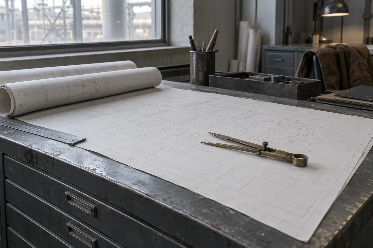 Rolled engineering drawings on a plan chest in a plant office.