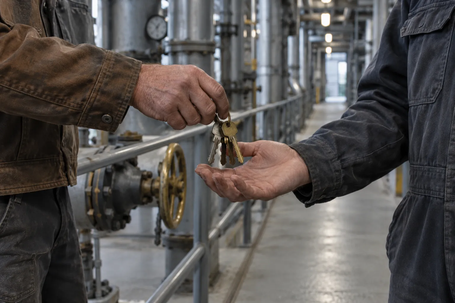 At shift change, one worker passes a worn ring of plant keys into another's open hand.