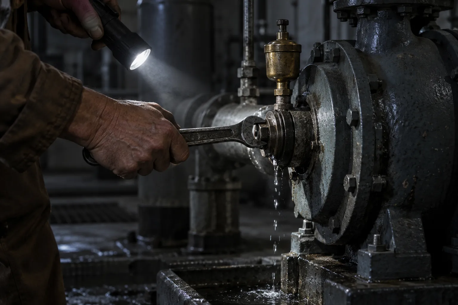 A torch beam picks out the packing gland of a pump at night while a gloveless hand reaches in with a wrench.