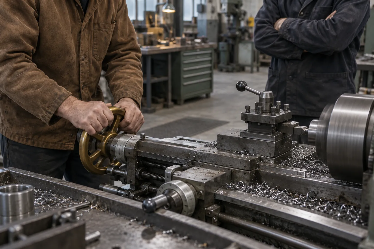 Two workers at a lathe: one turns the brass handwheel while the other watches.