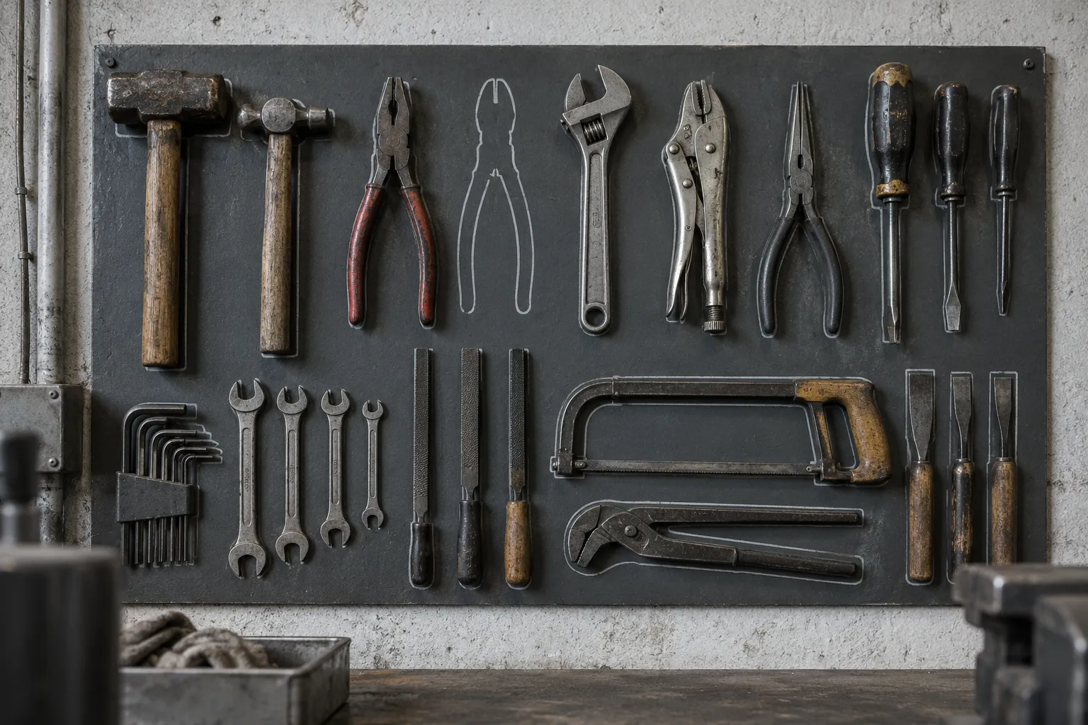 A tool shadow board on a workshop wall with one outline left empty.
