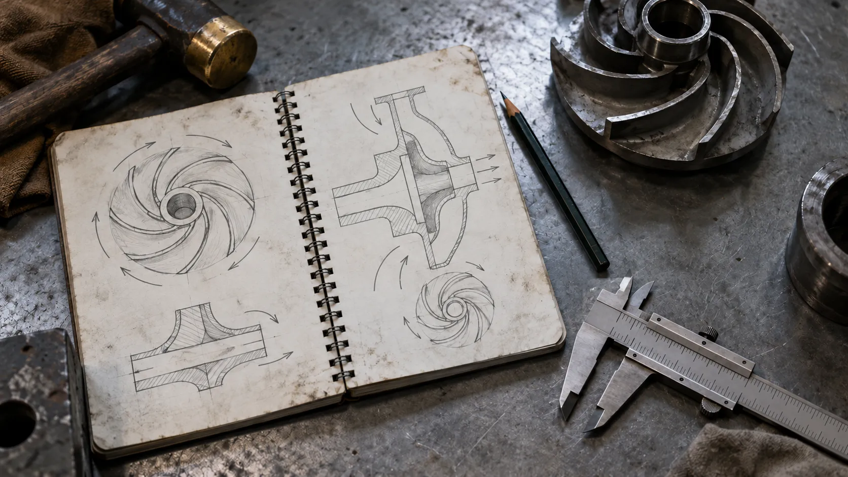 A worn notebook open on a steel workbench, its pages filled with sketch diagrams of a pump part.