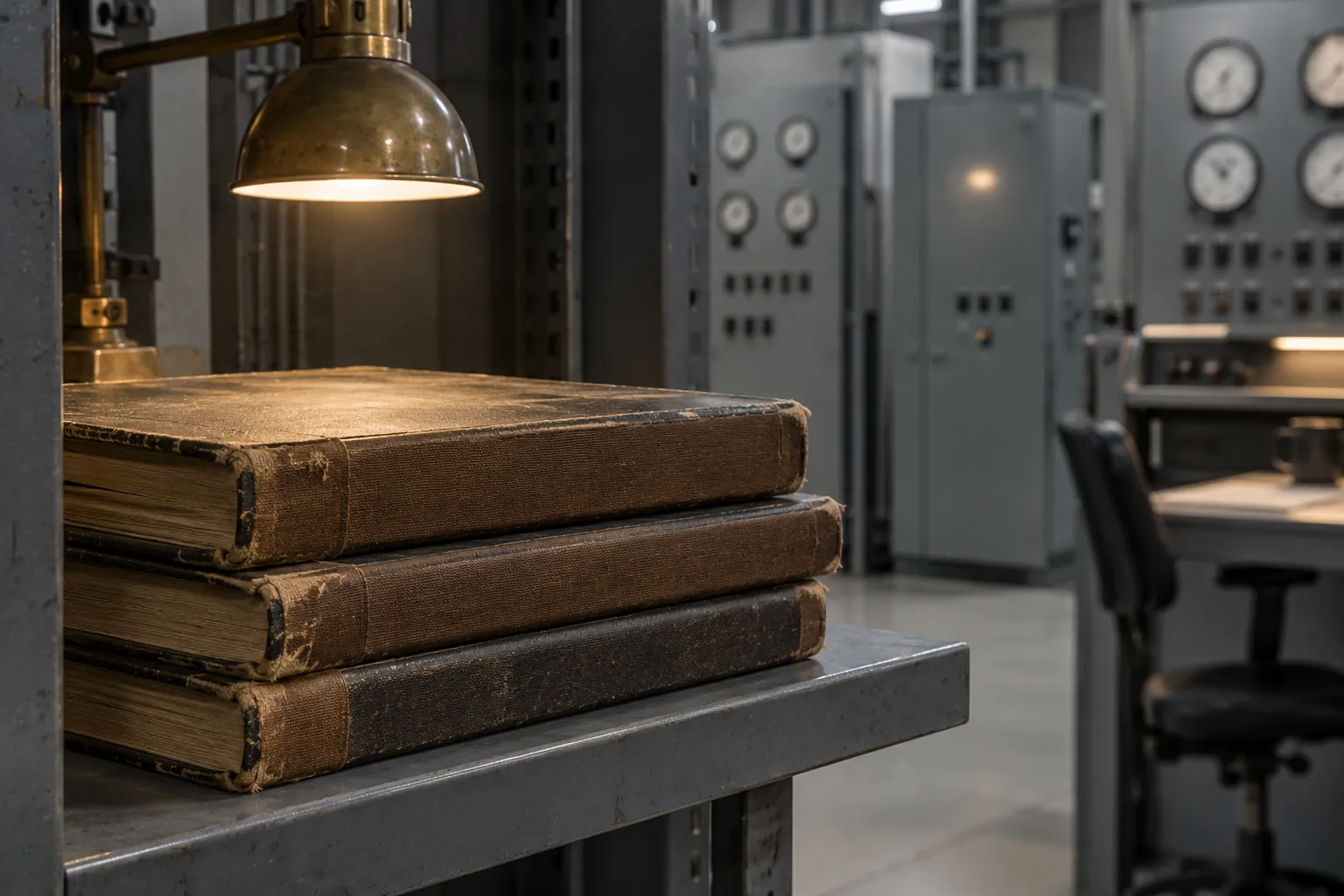 A stack of worn hardback logbooks on a steel shelf.