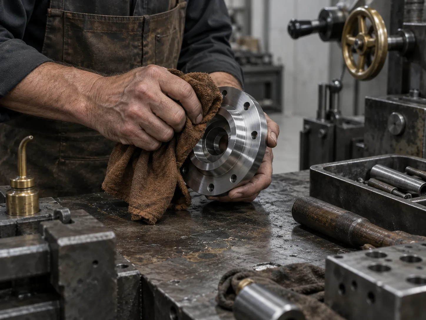 Hands wiping a machined part with a canvas rag.