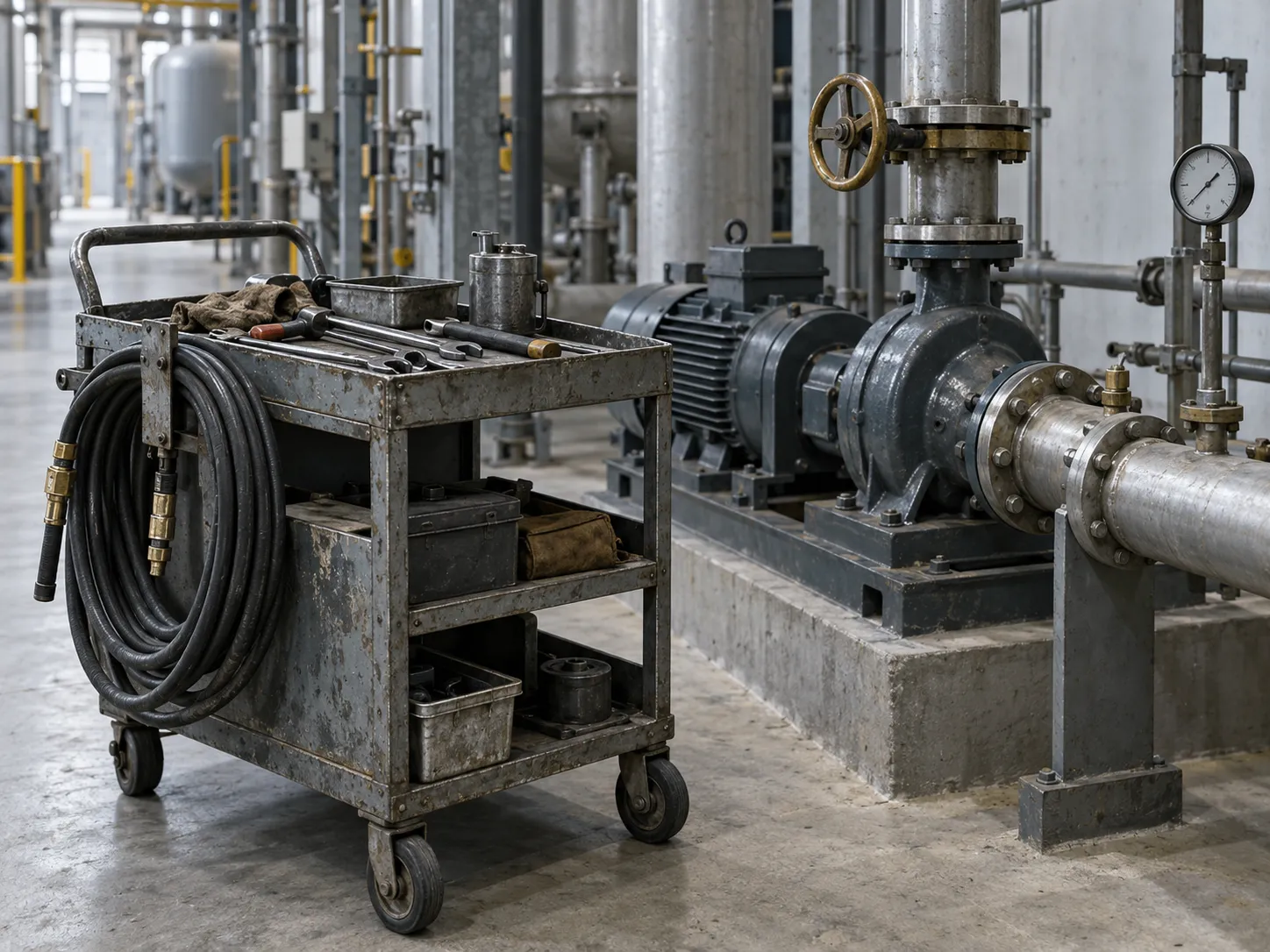 A maintenance cart with worn tools beside a pump skid.