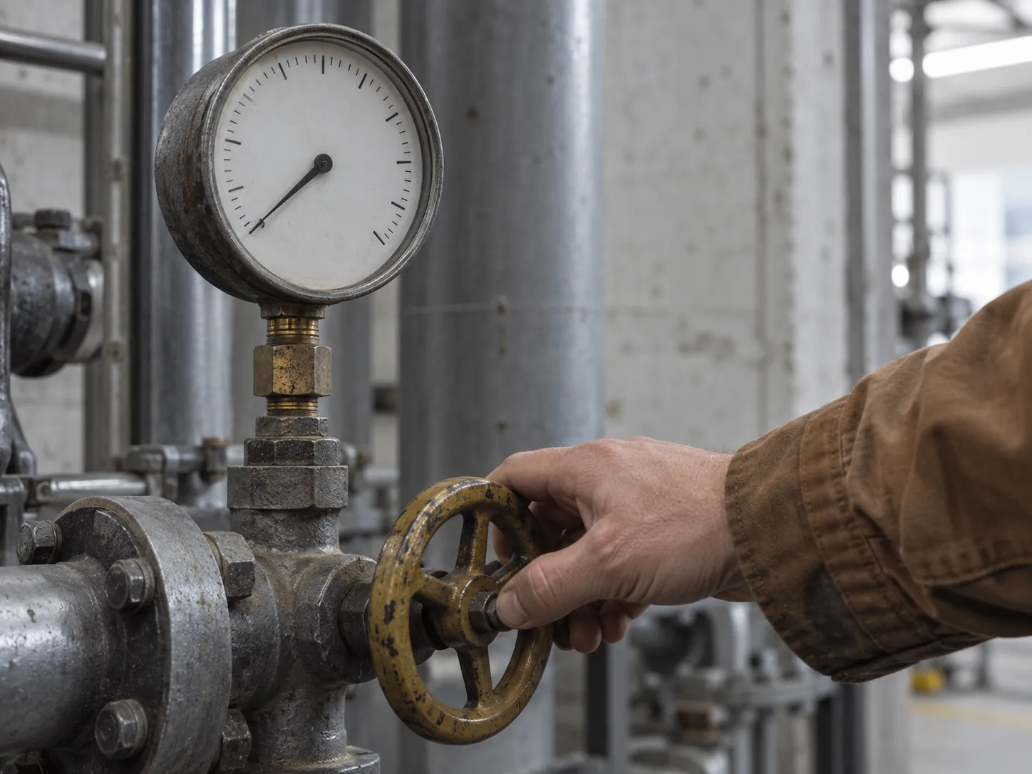 A pressure gauge with a blank face above a valve, a hand reaching for the wheel.